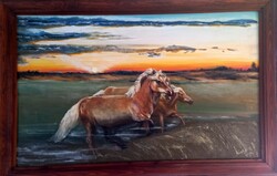 Prima díjas művésztől. Ködben vágtázók. 70x150cm egyedi épített fakeretben. Károlyfi Zsófia (1952- )