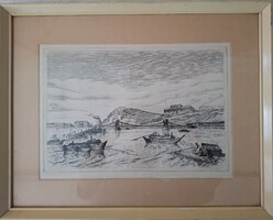 Vagyóczky Károly  - Dunai bárkák, nagy méretű rézkarc