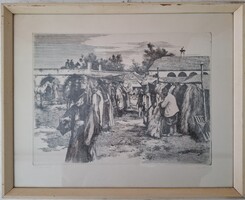 Gy. Molnár István: Hídivásár (Hortobágy) rézkarc