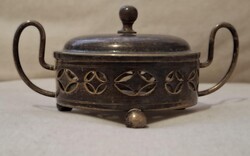 Art deco, Vintage szecessziós cukortartó üvegbetéttel – ezüstözött réz