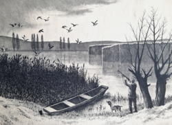 Vadkacsázás - vadászat témájú grafika, gyűjtői ritkaság! Novák Lajos (1927-1989) alkotása - vadász