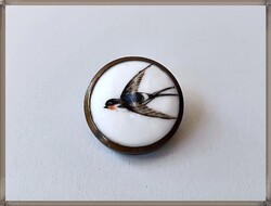 Antik, kézzel festett, fecske mintás bronz-porcelán gomb 4.