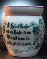 Monarchia korabeli német verses felirattal angyalkás mintával hasas porcelán kávés bögre