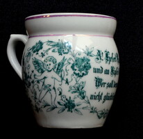 Monarchia korabeli német verses felirattal angyalkás mintával hasas porcelán kávés bögre