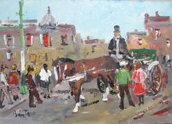 Bánfi - "Budapest: Fiákeres Óbudán..." - (olaj,karton 17×23 cm)