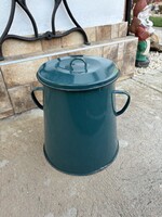 Approximately 10 Liter Greenish Enamelled Fat Can with Paraszt Style