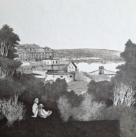 Tulipán László: Budai Vár (rézkarc) budapesti panoráma a Dunával, háttérben a Lánchíd, Margit híd
