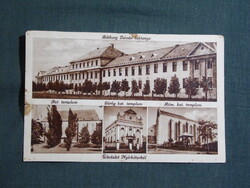 Képeslap,Nyírbátor,mozaik,Ref.,Görög,Róm. templom,Báthory István laktanya látkép,részlet,1940-