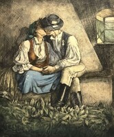 Markos Lajos (1917-1993) Csók - színezett rézkarc régi keretben (66x53 cm) /számlát adunk!/