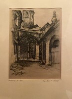 Salzburg St. Peter kapu - antik osztrák nyomat selyemre