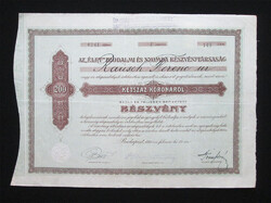 Élet Irodalmi és Nyomda Részvénytársaság részvény 200 korona 1911