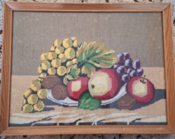 Gobelin kép, csendélet fakeretben, goblen kézimunka  ( nem kicsi )