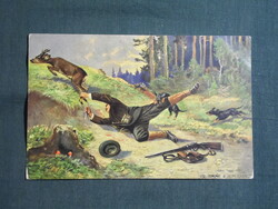 Képeslap,artist,művészet,állatok,vadászat,vadász,erdész,tájkép,Szarvas, Őz,1910-