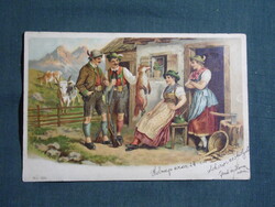Képeslap,litho,művészet,Rókavadászat,vadász,fegyver,népviselet,népművészet, 1901-