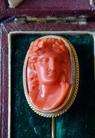 Antique 18K gold coral high relief Apollo cameo pin with original leather case