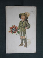 Képeslap,művészet,Köves grafika,Cserkész,kisfiú modell,1930-