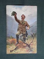 Képeslap,artist,művészet,állatok,vadászat,vadász,erdész,tájkép, Szarvas, Őz,1920-