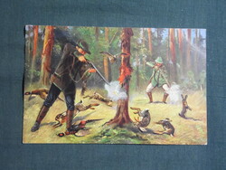 Képeslap,artist,művészet,állatok,vadászat,vadász,erdész,tájkép, Nyúl, Fácán,1910-