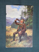 Képeslap,artist,művészet,állatok,vadászat,vadász,erdész,tájkép,Szarvas, Őz,1910-