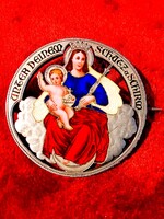 Silver lustre enamel coin brooch, 1809, Our Lady of Hungary, under your protection and shield