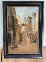 Antik gyönyörűen megfestett festmény utca jelenet emberekkel . Videó ís !