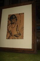 Schönberger Armand:  Portré, hátul a vázlat  -  tusrajz