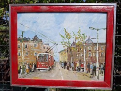 Budapest Garay utca trolival tájkép, olaj, karton 33,5x43 cm, olasz piros ezüst képkeret külm: 40x50