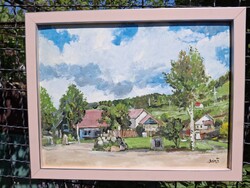 Gyimesbükk panzió tájkép, olaj, karton 33x43 cm, olasz bézs rózsa ezüst csíkkal képkeret külm: 37x47