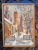 Nagybánya alakkal tájkép, olaj, karton 35x49 cm, olasz terrakotta ezüst csík képkeret külm: 37,5x51