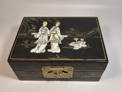 Antik kínai gyöngyház és csont berakásos lakk doboz, ékszer doboz