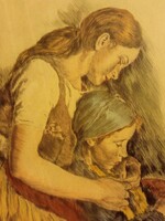 Glatz Oszkár - Prihoda István : Anya gyermekével szignált színezett rézkarc (ritkább darab)