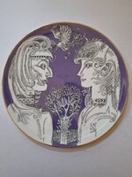 MAKULÁTLAN ÁLLAPOTÚ! Hollóházi Szász Endre porcelán limitált stúdió nő férfi fali tál tányér lila