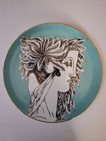 MAKULÁTLAN ÁLLAPOTÚ! Hollóházi Szász Endre porcelán limitált stúdió női fejes fali tál tányér türkiz