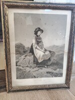Ludwig Friedrich Foltz (1809-1867): ' The Jägers wife ' című metszete, ritka, kvalitásos darab