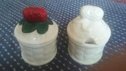 Fajansz mézes, dzsemes fedeles edényke reggeliző asztalra