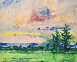 Holló László (1887-1976): Táj (akvarell) debreceni festőművész, alföldi iskola