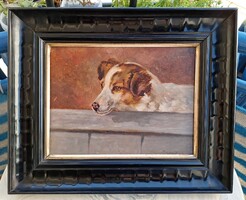 Perlmutter Imre: Kutyaportré (olajfestmény széles fekete keretben) Jack Russell terrier, kutya