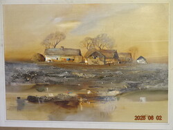 CSIKÓS ANDRÁS ( HÓDMEZŐVÁSÁRHELY 1947-2006 ) : VÍZPARTI HÁZAK ( DÉL - ALFÖLDI TANYA )