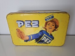 Nagyméretű retro sárga PEZ pléh doboz lemez doboz