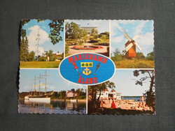 Képeslap,Finnország,Åland-szigetek,Mariehamn,kikötő,strand,szélmalom,városi látkép,részlet,1970-