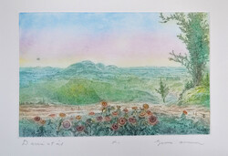 Gross Arnold: Dunántúl - eredeti, színes rézkarc