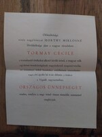 Meghívó, műsorfüzet Tormay Cécike írónő emlékére megrendezett ünnepségre 1940