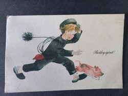Régi grafikus rajzos képeslap Boldog Új Évet - Demjén Zsuzsa