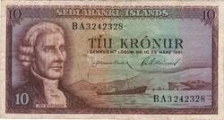 10 krónur korona 1961 marz 29.. Izland 7 jegyű sorszám 1.