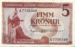 5 krónur korona 1957 juni 21. Izland 1.