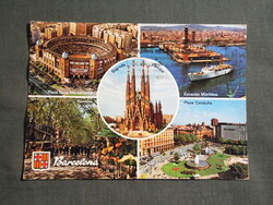 Képeslap,Spanyolország,Barcelona,bikaviadal aréna,kikötő,kiac,templom,tér látkép,részlet,1974-