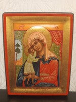 Kézzel festett bizánci ortodox ikon tanúsítvánnyal, amely a Szűz Máriát és a kis Jézust ábrázolja.