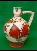 Felső -Tisza vidéki Vámfalusi mázas csörgő, csecses vizes korsó,27 cm19sz. közepe ,vége