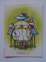Régi, retró grafikus humoros üdvözlő képeslap: FORMA-1 - postatiszta