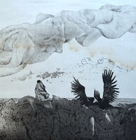 Muzsnay Ákos: Ady emlékére (Lédának), 1976 - ritka grafika! (absztrakt táj, modern - Ady Endre)